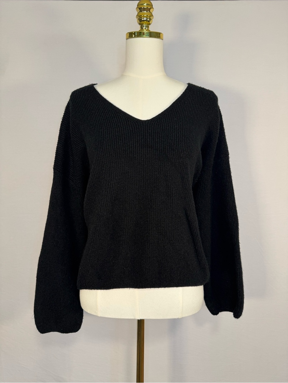 Black Knit Slight Crop Oversized Slouchy Fit Balloon Sleeve Sweater Large